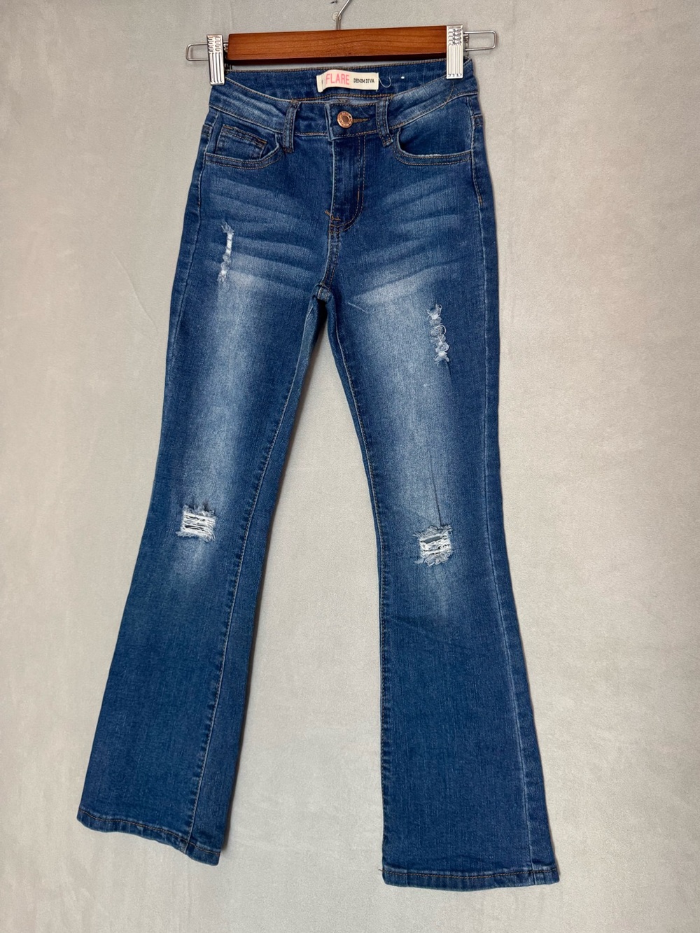 Flare Denim Diva Jeans Women’s 8 Blue Distressed Flare Bootcut Y2K Stretch Denim